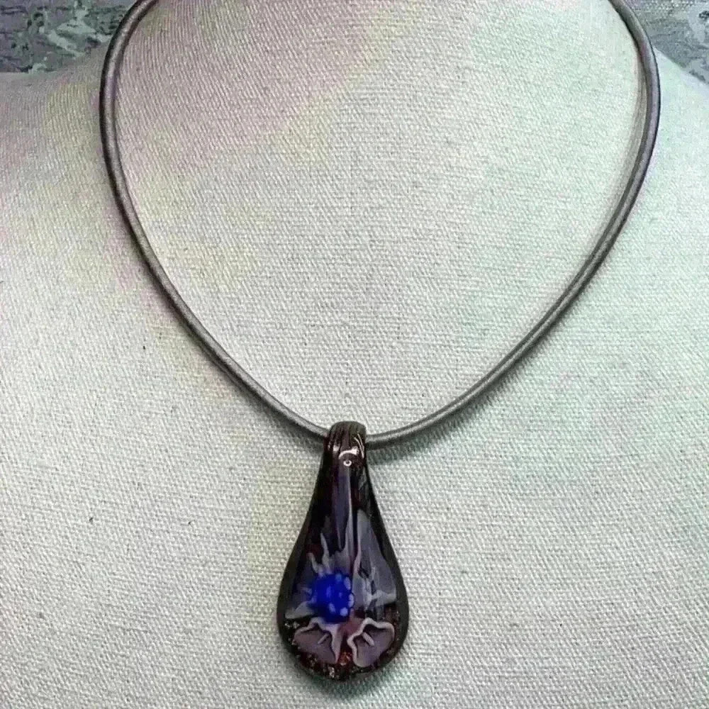 Vintage Lavender Cord Necklace with Glass Foil Millefiori Flower Pendant